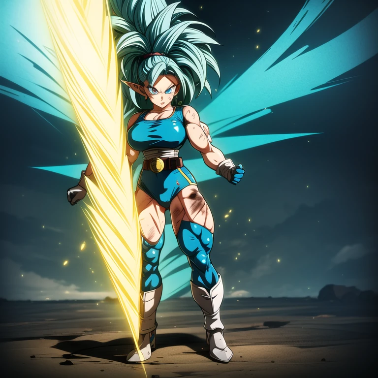 dbsuper style, 1
Girl, captain mizuki, green aura, super saiyan's aura, belt, pointed ears, elf ears, light-blue colored hair, huge hair, bruise, bruise on face, clenched hands, frown, gloves, blue eyes, grey gloves, serious, medium breasts, Aura around her, solo, high ponytail, mouth opened, furious, saiyan armor, armor,  powering up aura
, ((masterpiece)) 
