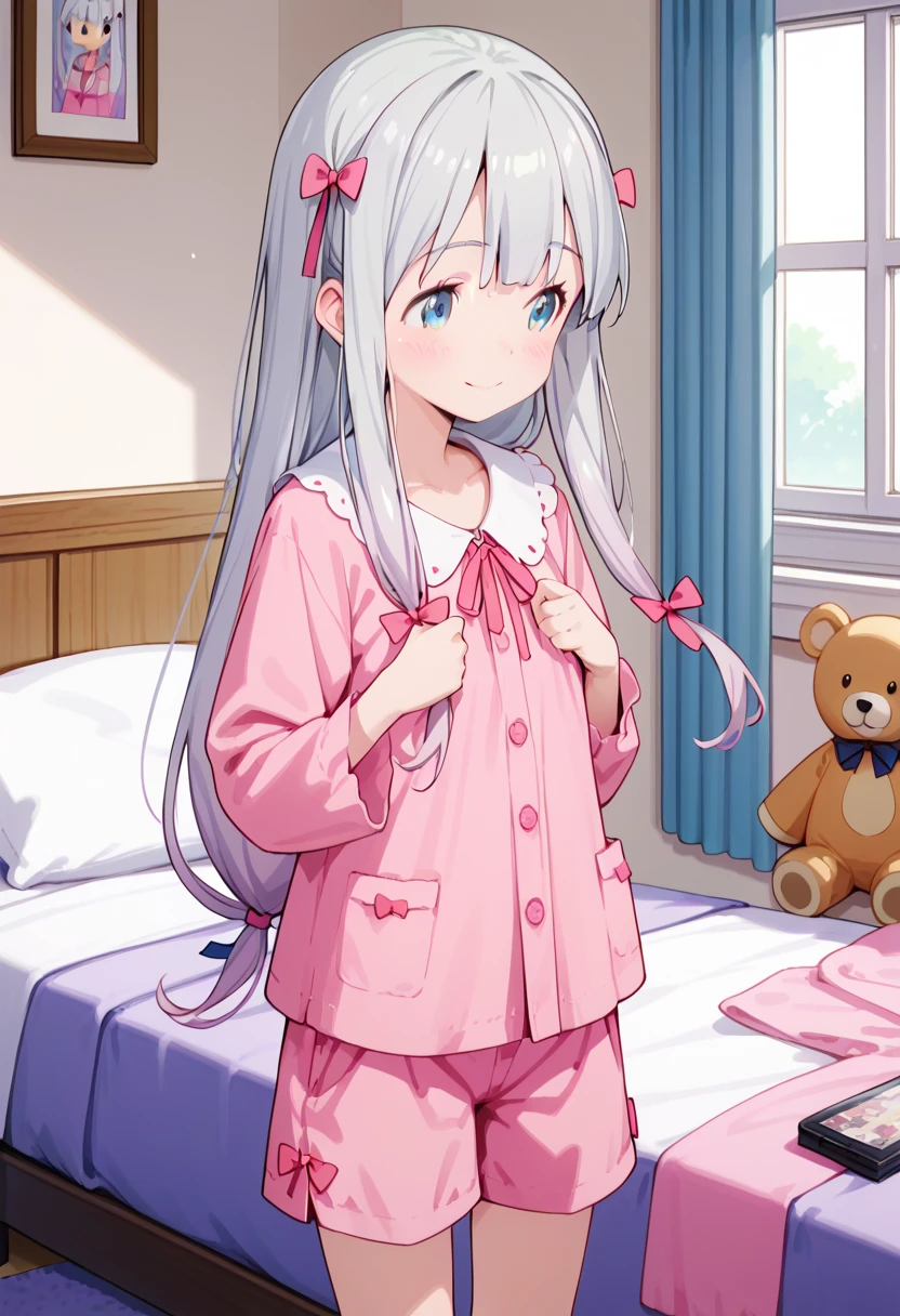 best quality, high resolution, 8k, solo, blush, small breasts, (Sagiri Izumi, long hair, blue eyes, ribbon, hair ribbon, gray hair, pink ribbon, ribbon, shorts, pink shirt, pajamas, pink shorts), smile, room, pink curtain, bed, stuffed toy, ((undressing)), ((half undress)), looking away