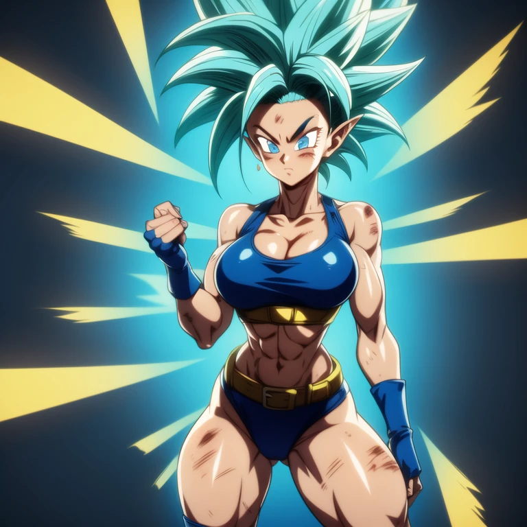 dbsuper style, 1
Girl, captain mizuki, green aura, super saiyan's aura, belt, pointed ears, elf ears, light-blue colored hair, huge hair, bruise, bruise on face, clenched hands, frown, gloves, blue eyes, grey gloves, serious, medium breasts, Aura around her, solo, high ponytail, mouth opened, furious, saiyan armor, armor,  powering up aura
, ((masterpiece)) 
