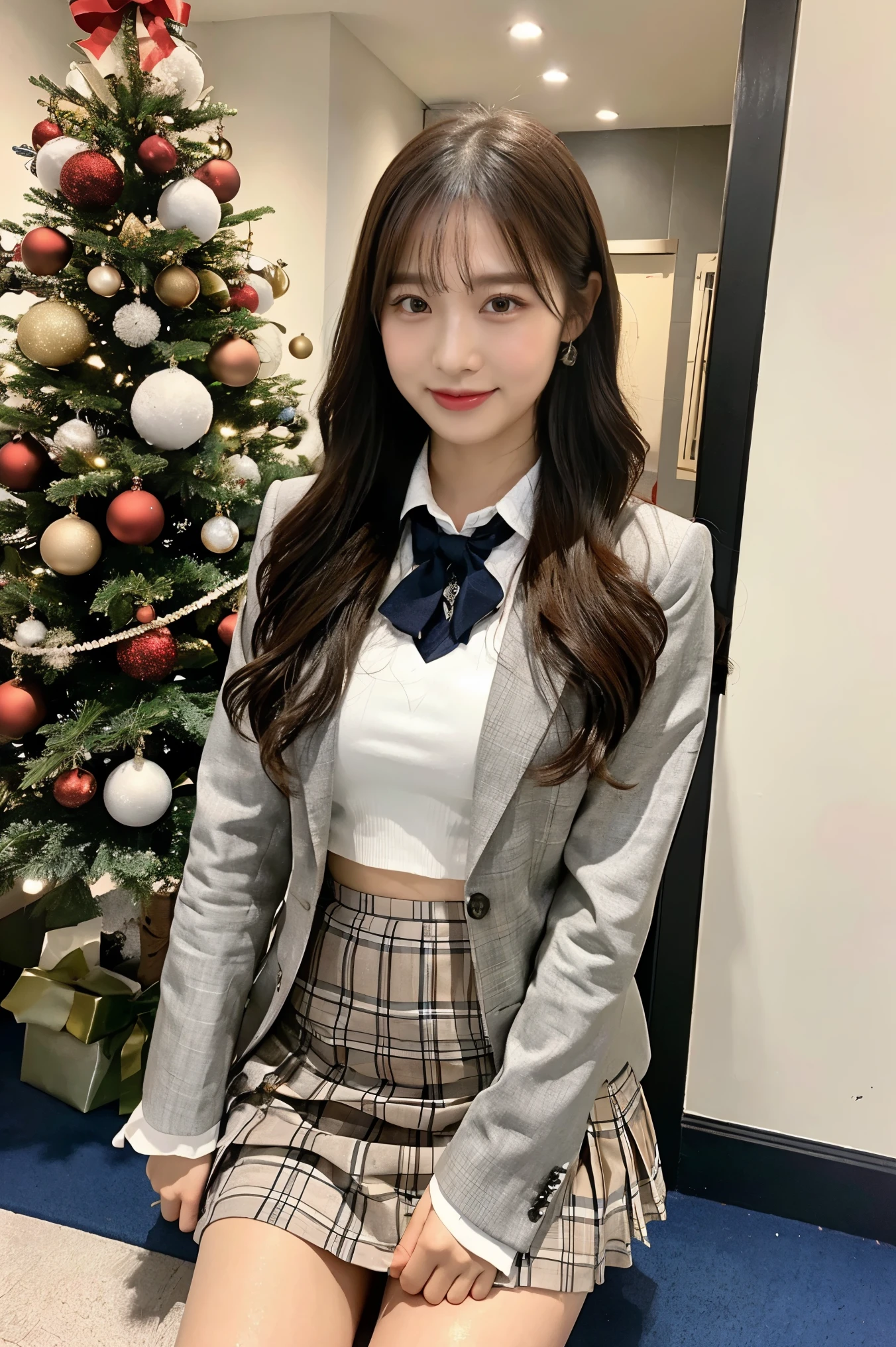 (8k), (highest quality: 1.2), (Realistic), (Realistic: 1.37), Ultra-high resolution, 1 girl, cute, Shiny skin,Blushing,smile, Mouth closed, Beautiful details, Beautiful Nose, whole body, Wet Hair, Giant Dulcefo, pork,Navel exposed,University Student Uniform, nyron inner ,A simple blazer, check Pleated skirt, shiny thighs, Christmas atmosphere, Christmas
