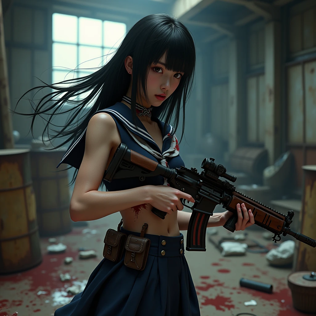masutepiece, Best Quality, hight resolution, 1girl in, Shaded face, Black hair, Pretty, malformed, ((Black eyes)), arms in arms, ((Crying)), Tears run down my cheeks, (((He wears a sailor suit with blood splattered on it, blood splashing))), (Long hair), (angry), Looking at Viewer, Centered, (In view)、full body Esbian、brandish a knife
