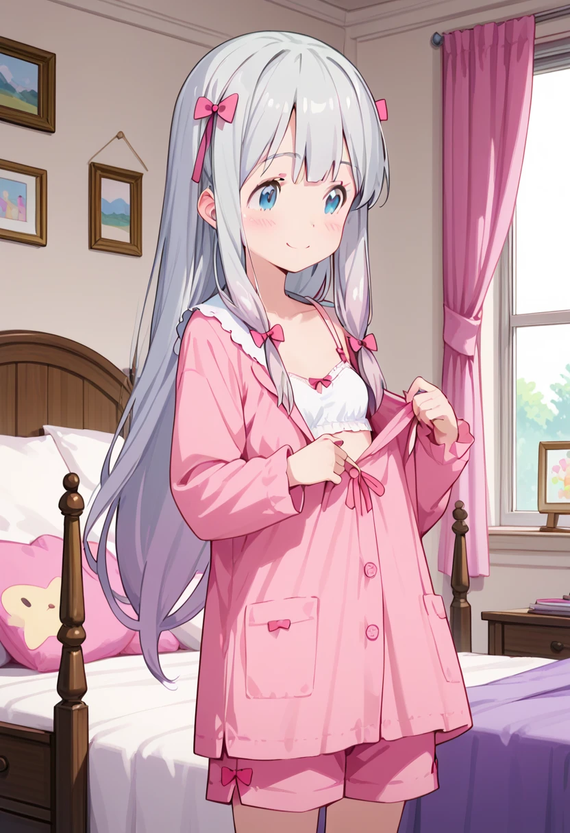 best quality, high resolution, 8k, solo, blush, small breasts, (Sagiri Izumi, long hair, blue eyes, ribbon, hair ribbon, gray hair, pink ribbon, ribbon, shorts, pink shirt, pajamas, pink shorts), smile, room, pink curtain, bed, stuffed toy, ((undressing)), ((half undress)), looking away, bare pajamas, bare shorts, white bra, white panties