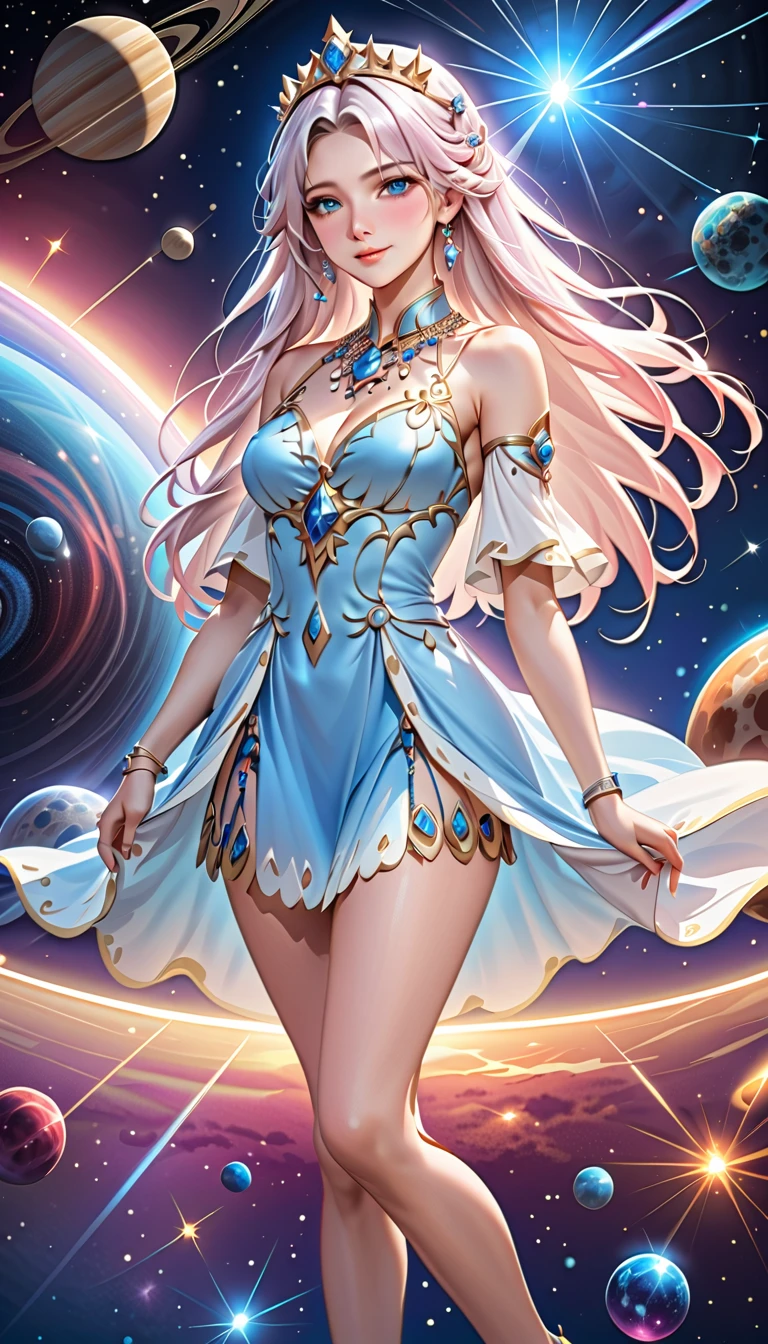 ( best quality, High image quality,  high definition , 8k), The most beautiful goddess,  Anatomically Beautiful Body , Beautiful blue eyes, Beautiful pink lips,  perfect face,  Long Silky Straight Silver Hair, whole body,  White and Light Blue Royal Tunic ,  Quartz and Sapphire Crown ,  standing, Detailed illustrated art with quiet hand and foot movements ,  look at me and smile, Celestial Bodies, planet, nebula, solar system,  starry sky , meteor,  detailed illustrated art including backgrounds, 