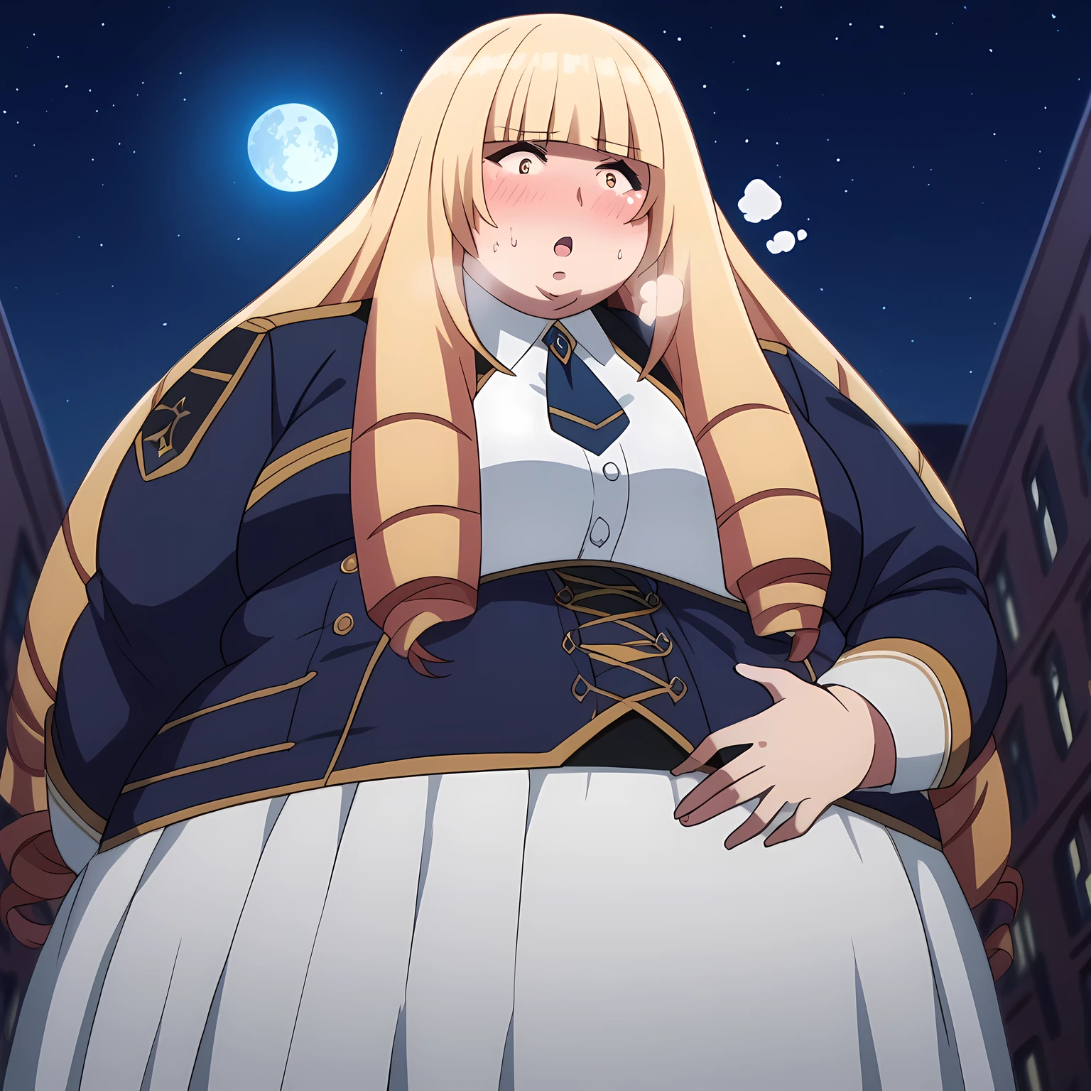 score_9, score_8_up, score_7_up, source_anime, orianarose, oriana rose, long hair, blonde hair, yellow eyes, drill hair, bangs, blunt bangs, mature female, skirt, jacket, necktie, white skirt, corset, outdoors, cityscape, night, moon, looking at viewer, dutch angle, bulging belly, fat, chubby, obese, open mouth, out of breath, absurdres, highres icon, rating:General, confused, blush, s{flustered}, nervous sweating, portrait, pov hands, hand on another's belly, averting eyes, [looking away], straight-on, from below, swollen face, masterpiece, best quality, ultra-detailed, high resolution, 8K, absurdres, highres icon,