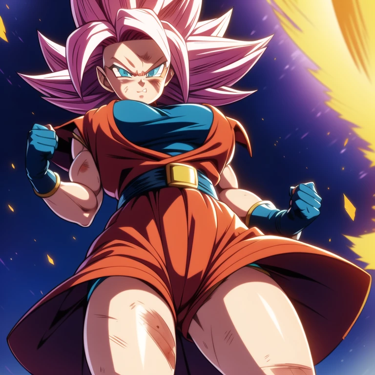 dbsuper style, 
Petite Girl, green aura, super saiyan aura, belt, purple colored hair, huge hair, bruise, bruise on face, clenched hands, frown, Mage's hat, gloves, blue eyes, grey gloves, evil grin, medium breasts, petite, soft muscles, solo, spiked hair, super saiyan, super saiyan 4, mouth opened, furious,  Magician clothes,large skirt with under shorts, Super Saiyan 2' aura
, ((masterpiece)) 
