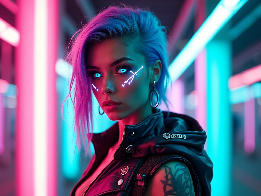 Photograph of the face of a beautiful young woman of 22 years. (Colored hair) Sharpness on the face. Dimples. Athletic body fitness. Sunglasses in neon color. Blue eyes. Tattoos on the neck. Realism, shy smile. Futuristic neon setting. Futurism. Raw. 8k. Cyberpunk Clothing. Cyberpunk Aesthetics. Neon details. Cannon EOS R2. Neon lighting.