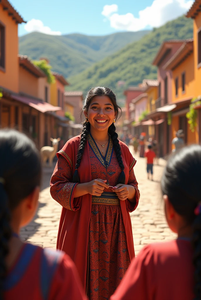 Generate an awe-inspiring hyper-realistic image showcasing a mesmerizing 10-year-old Bolivian girl with authentic features, gracefully positioned in front of a dynamic and vibrant city.
