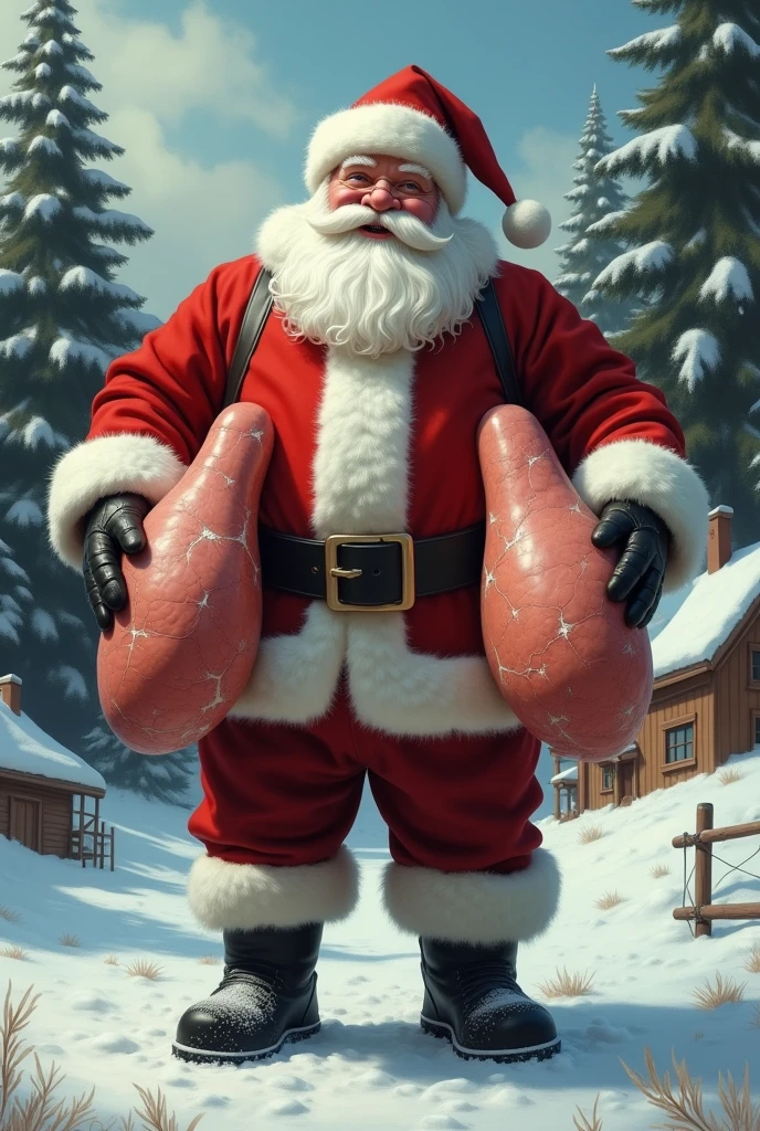 a naked old man as Santa Claus with a beard and mustache, angry expression, detailed muscular wet body, big hard dick, holding a present, photorealistic, hyperrealistic, 8k, highly detailed, masterpiece, cinematic lighting, dramatic shadows, winterhouse, snow outside.