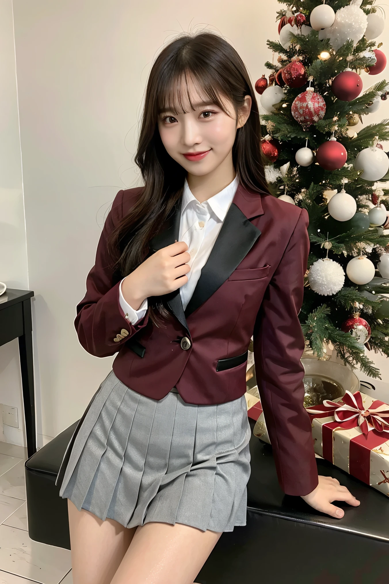 (8k), (highest quality: 1.2), (Realistic), (Realistic: 1.37), Ultra-high resolution, 1 girl, cute, Shiny skin,Blushing,smile, Mouth closed, Beautiful details, Beautiful Nose, whole body, Wet Hair, Giant Dulcefo, pork,Navel exposed,University Student Uniform, nyron inner ,A simple blazer, check Pleated skirt, shiny thighs, Christmas atmosphere, Christmas