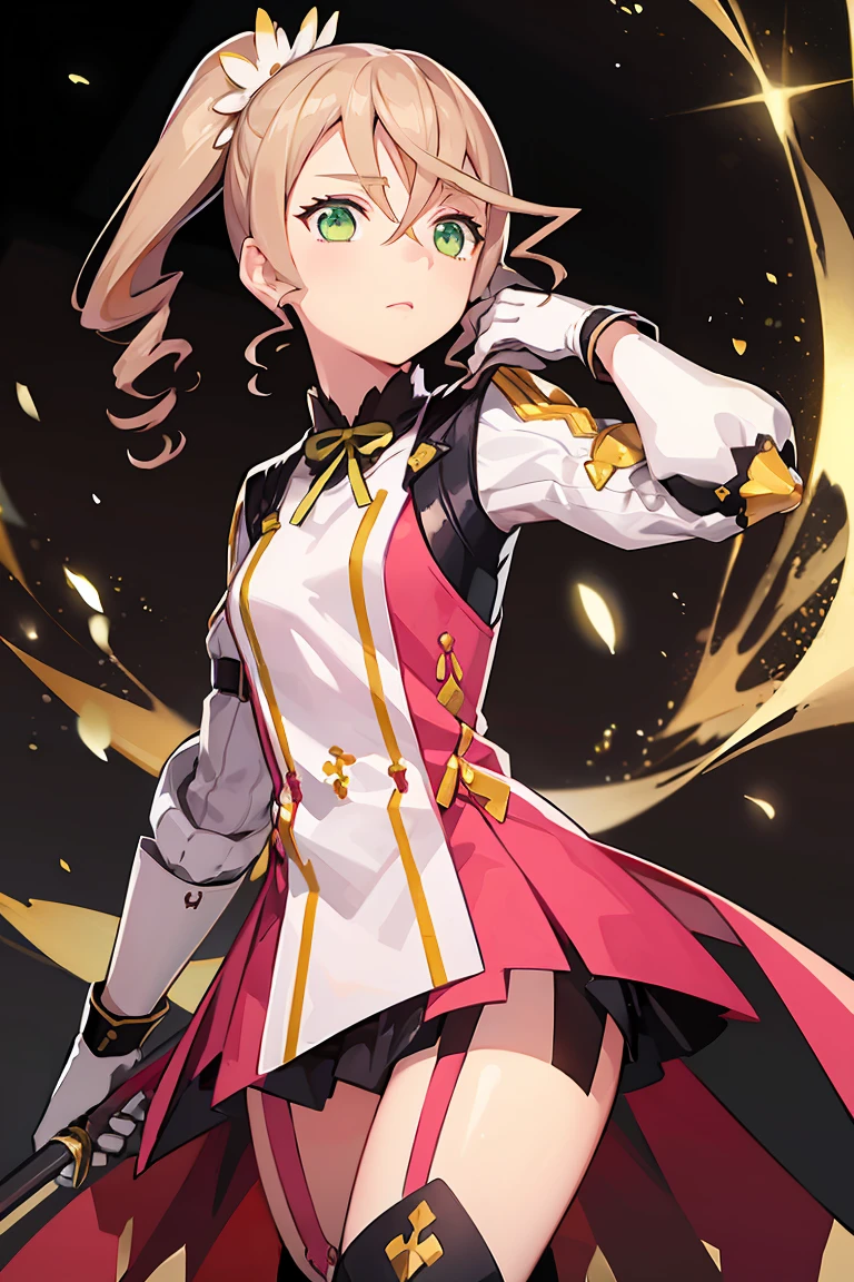 alisha diphda, blonde hair, dress, green eyes, side ponytail, hair between eyes, hair ornament, knee boots, greaves, thigh strap, white gloves,  gauntlets, long sleeves, lance in both hands 