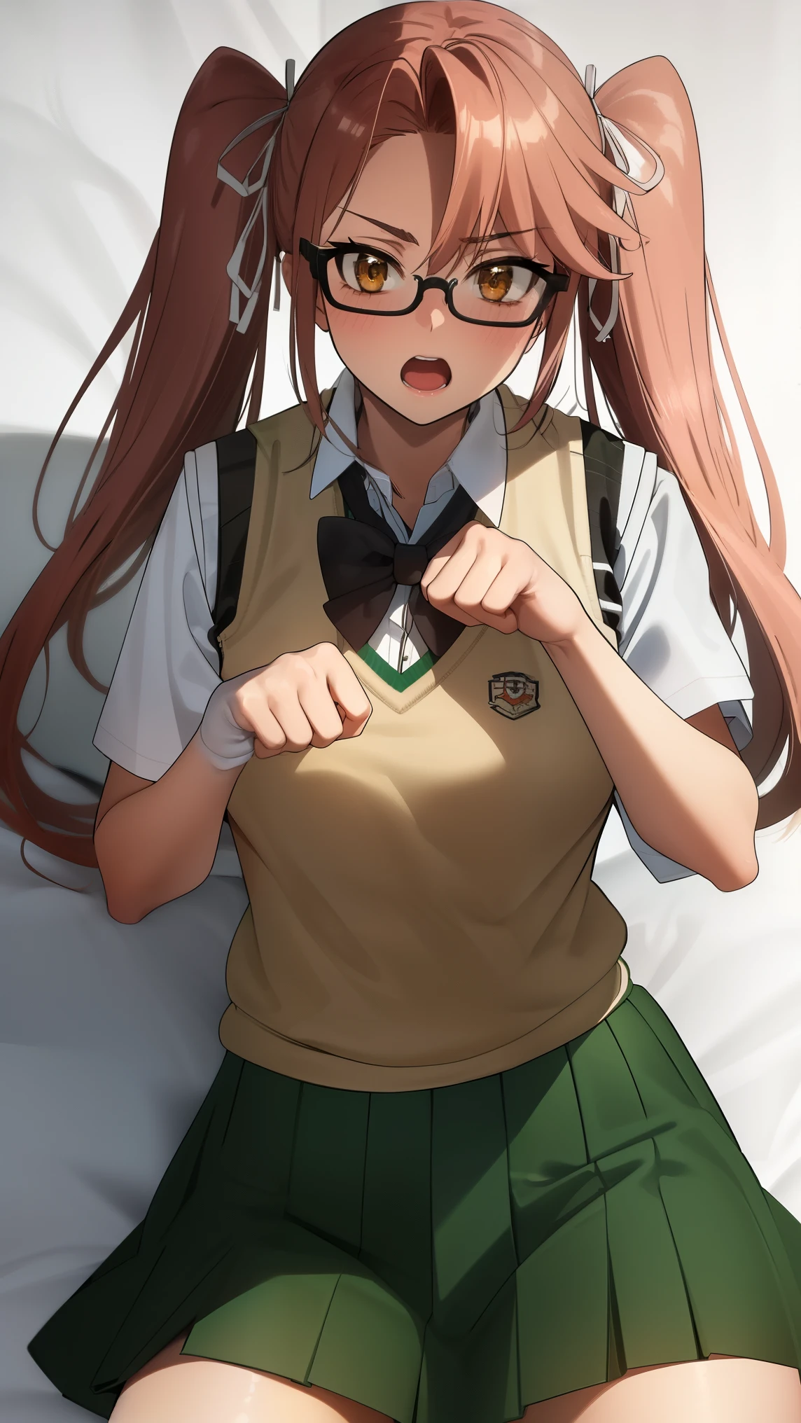 1girl,sayatakagi, saya takagi, long hair, ribbon, twintails, (brown eyes:1.5), hair ribbon, pink hair, glasses,
BREAK ((white socks, green skirt, sweater vest, red sweater vest:1.5)),
BREAK bed, on bed, on back, open mouth, blush, paw pose,, , cowboy shot, dutch angle,
BREAK (masterpiece:1.2), best quality, high resolution, unity 8k wallpaper, (illustration:0.8), (beautiful detailed eyes:1.6), extremely detailed face, perfect lighting, extremely detailed CG, (perfect hands, perfect anatomy),