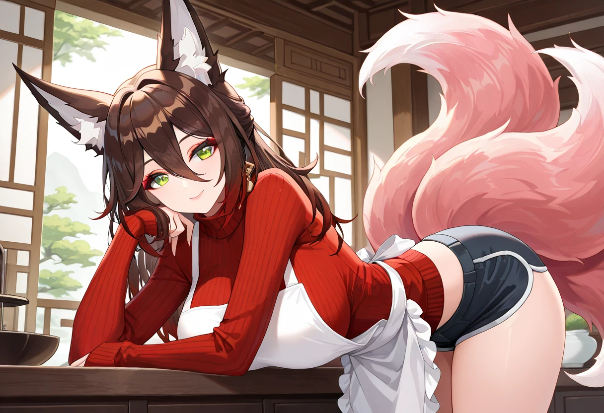 Super high resolution, detailed background, Kemoshota, red eyes, drooling, innocent , star pupil in eyes, waiting dinner, naked translucent apron, looking back, tail, anal, sitting