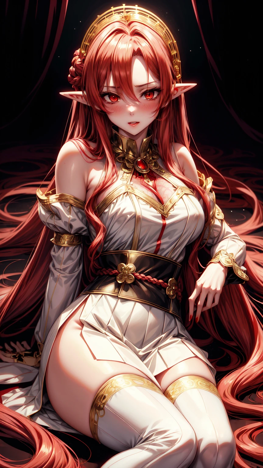 Goddess Woman, 30 years, orange hair, adult, black body, white skirt and bolero, saliva, excited, open legs, soft ligth, parted lips, face detail, from above, fingers --style realistic-imagine -