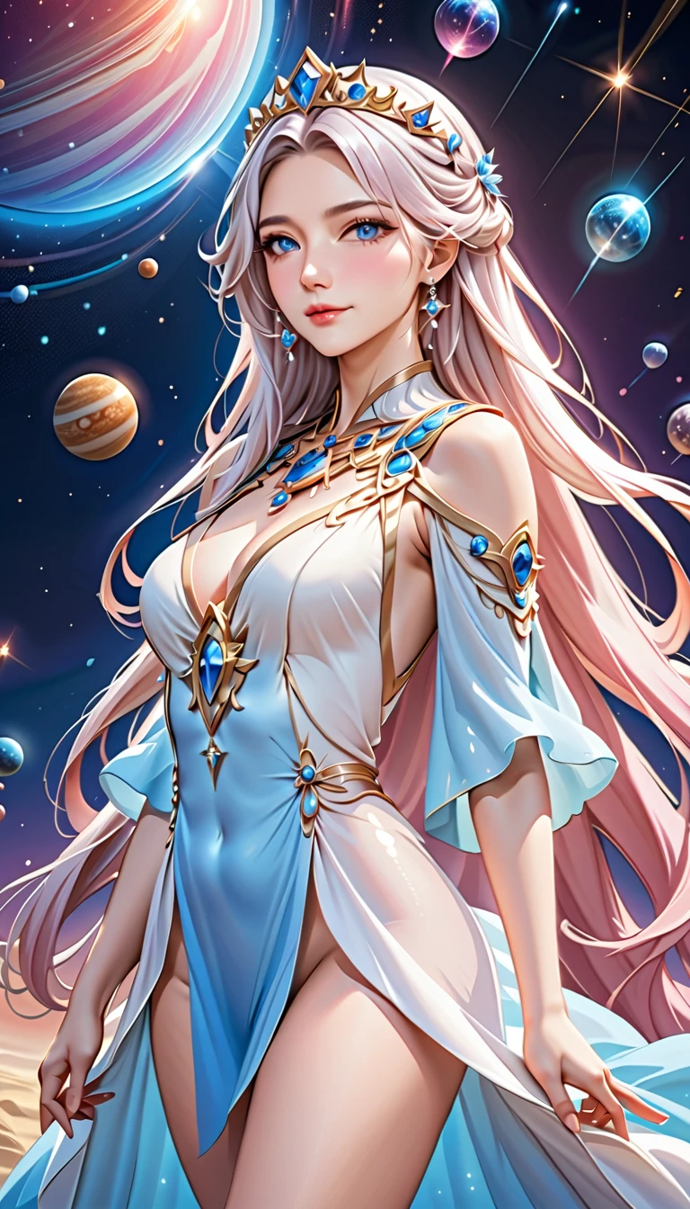 ( best quality, High image quality,  high definition , 8k), The most beautiful goddess,  Anatomically Beautiful Body , Beautiful blue eyes, Beautiful pink lips,  perfect face,  Long Silky Straight Silver Hair, whole body,  White and Light Blue Royal Tunic ,  Quartz and Sapphire Crown ,  standing, Detailed illustrated art with quiet hand and foot movements ,  look at me and smile, Celestial Bodies, planet, nebula, solar system,  starry sky , meteor,  detailed illustrated art including backgrounds, 