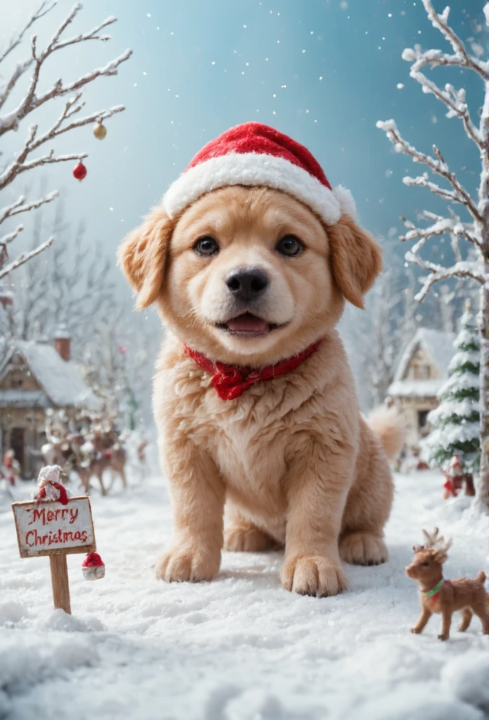  There is a giant puppy in a miniature world 、 Cute Christmas Scene 、Miniature Reindeer 、Snow Scene、 Pop Music、 fairy tale、Cute Biscuit Town 、 Snow Is Sparkling 、 Merry Christmas Sign 、Snow Sceneを生クリームのようになめる子犬、Santa hat、 happy surreal scene creating a fun vibe