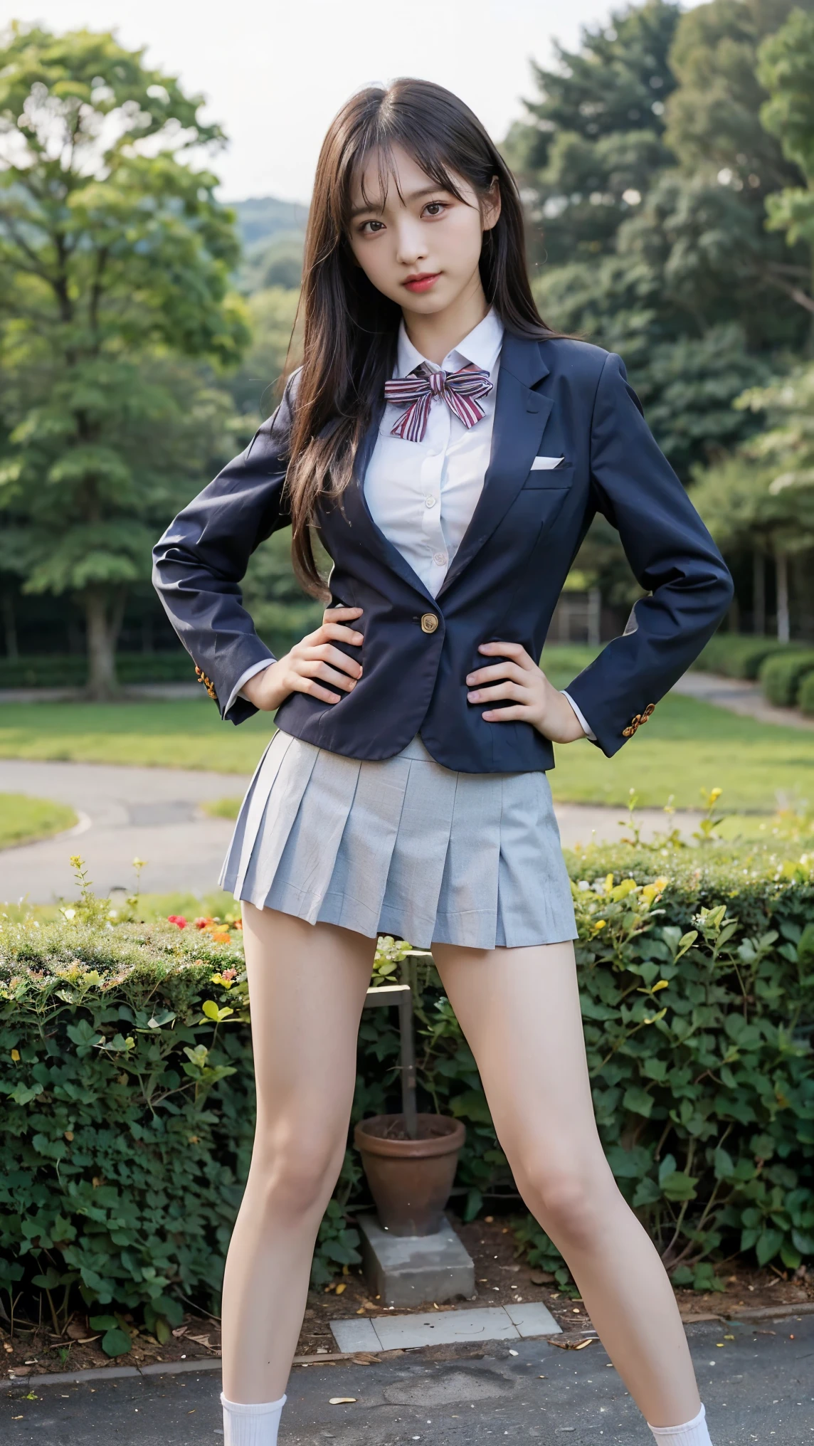 (8k、RAW Photos、Highest quality、masterpiece:1.2)、(Realistic、Realistic)、1 person、((Check mini skirt、school uniforms, blazer、garden、Breast enlargement,Thin legs、whole body、View from the front、Looking into the camera、Stand with hands on hips))、cute, (medium shot:1.5)