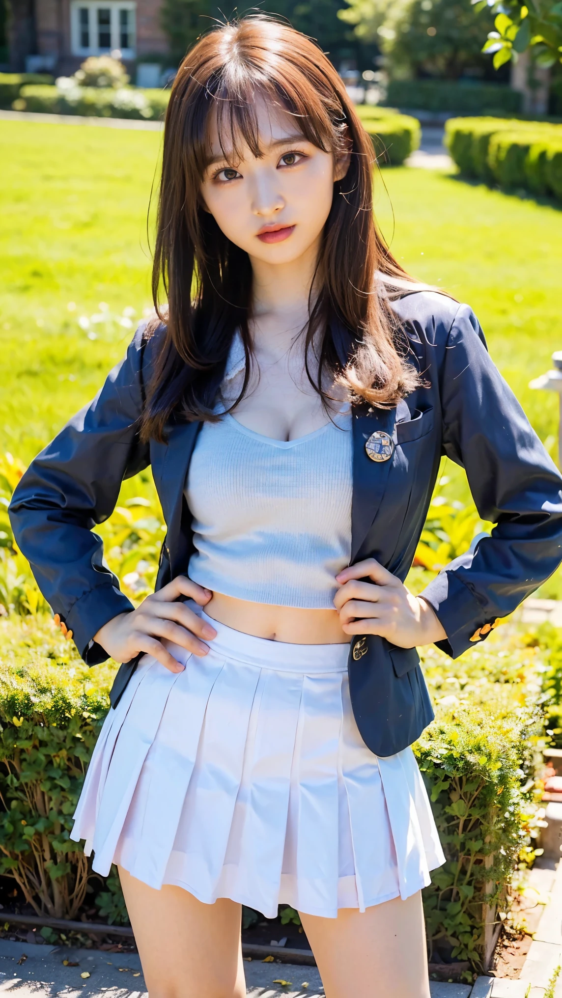 (8k、RAW Photos、Highest quality、masterpiece:1.2)、(Realistic、Realistic)、1 person、((Check mini skirt、blazer、garden、Breast enlargement,View from the front、Looking into the camera、Stand with hands on hips))、cute, (medium shot:1.5)