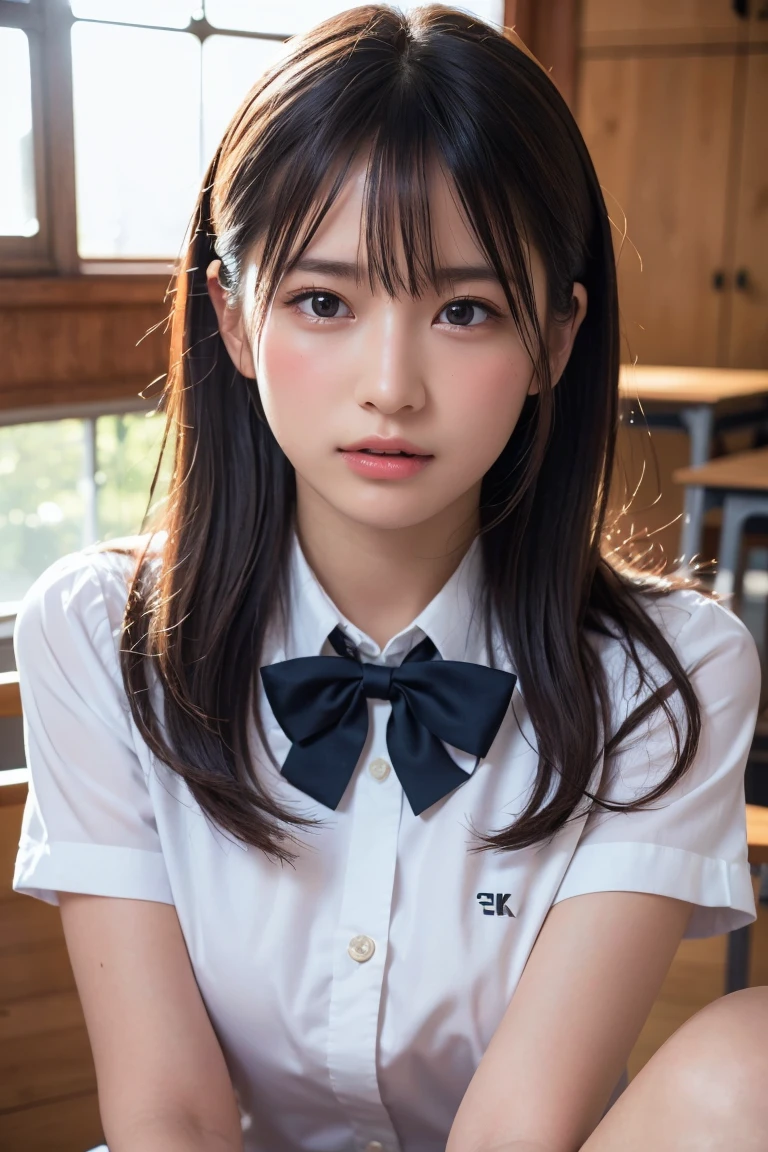 ((Tabletop, Highest quality, High resolution, Hmph, Pixel perfect,  4K, Hmph, Hmph))), One Girl, single, alone, Beauty、The whole body is visible、 ((Short Wavy Hair, bangs, Brown Hair)), ((Brown eyes, Beautiful eyelashes, Realistic eyes)), ((Detailed face, Blushing:1.2)), ((Smooth texture:0.75, Realistic texture:0.65, Realistic:1.1, Anime CG Style)), Medium chest, Dynamic Angle, Perfect body,  ((Red bow tie, , , White shirt, Black Skirt, Checked skirt))、Station stairs、the wind is strong、Very embarrassing panic smile、looked back、I can see her ass sticking out in front of me........、Looking up from the bottom of the stairs、 (The wind blew up her skirt、Touch the skirt with both hands、、I can see the whole butt、Pink floral panties)、