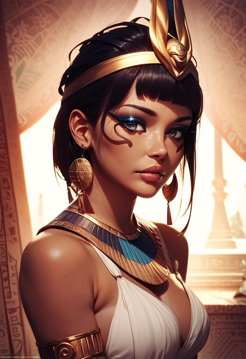 a young girl,beautiful detailed eyes,beautiful detailed lips,extremely detailed eyes and face,longeyeLashes,brown skin,wearing Egyptian mini clothes,Egyptian,small,sitting,portrait,digital art,highly detailed,8k,photorealistic,cinematic lighting,intricate details,warm color palette,golden accents