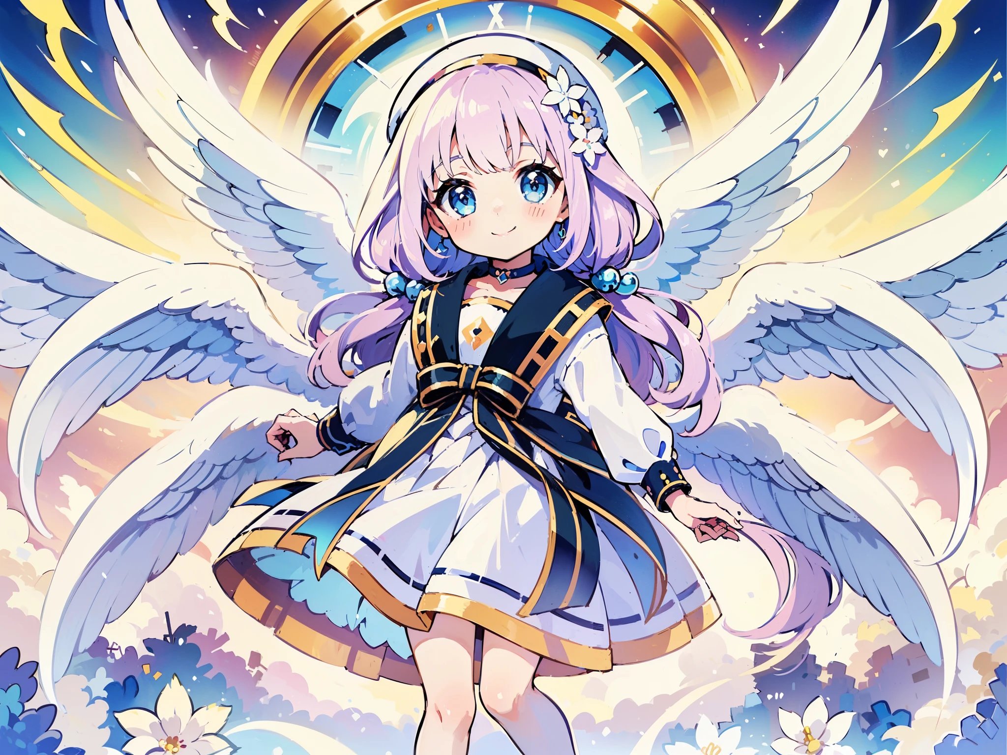 ((     Cute Art Anime Style   :1.3)), (masterpiece), (((   Best Quality  ))), (((  Super Detailed  ))), ((whole body)), ((( a girl))), (()), (), (loli), Angel Wings, (純白Palace), (( kawaii Art Style)), (Smile), Star-sparkled, (approx),  Floating Skirt , Palace, (clock), (一個)