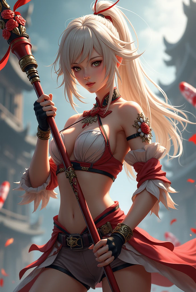 ((depic young girll)), (((top-quality, masterpiece))), 4k, HD, one girl, long hair, red hair, straight hair, ((poney tail)), nice hips, Masterpiece, Excellent, complex details, delicate girl, delicate face, sassy, confident, white ribbons, (((cute white lace lingerie))), (((sofisticate red lace lingerie))), big breasts, brown eyes, clavicle, bare arms, bandage on arms, flat belly, (red kimono), standing, (((graceful fighting move))), ((holding katana sword in hand)), Japanese garden, atmosphere of feudal Japan