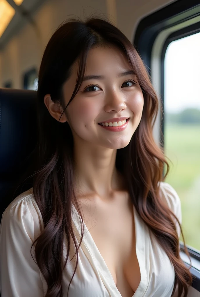 ((( By plane:1.5))),  composition    ,((( seat in the train window:1.4))),High image quality, 32K,   EXTREMELY ACCURATE ANATOMY ,   Masterpiece ,  realistic ,   very detailed,   PHOTO VOLUME RELEASE  ,  there is nothing, ((Launch from the side :1.4,  look up  ,  Pretty Hairstyle   )),   Smoother Light    ,   Official Art,   described boundary depth  , Dark Light,   detail face , ((smile:2.3)),  eye-pleasing detail , Real textured skin,((( Open Chest Blouse :1.5)))

