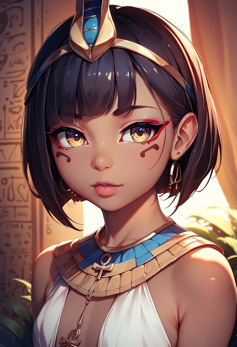 a young girl,beautiful detailed eyes,beautiful detailed lips,extremely detailed eyes and face,longeyeLashes,brown skin,wearing Egyptian mini clothes,Egyptian,small,sitting,portrait, anime, loli,cinematic lighting,intricate details,warm color palette,golden accents