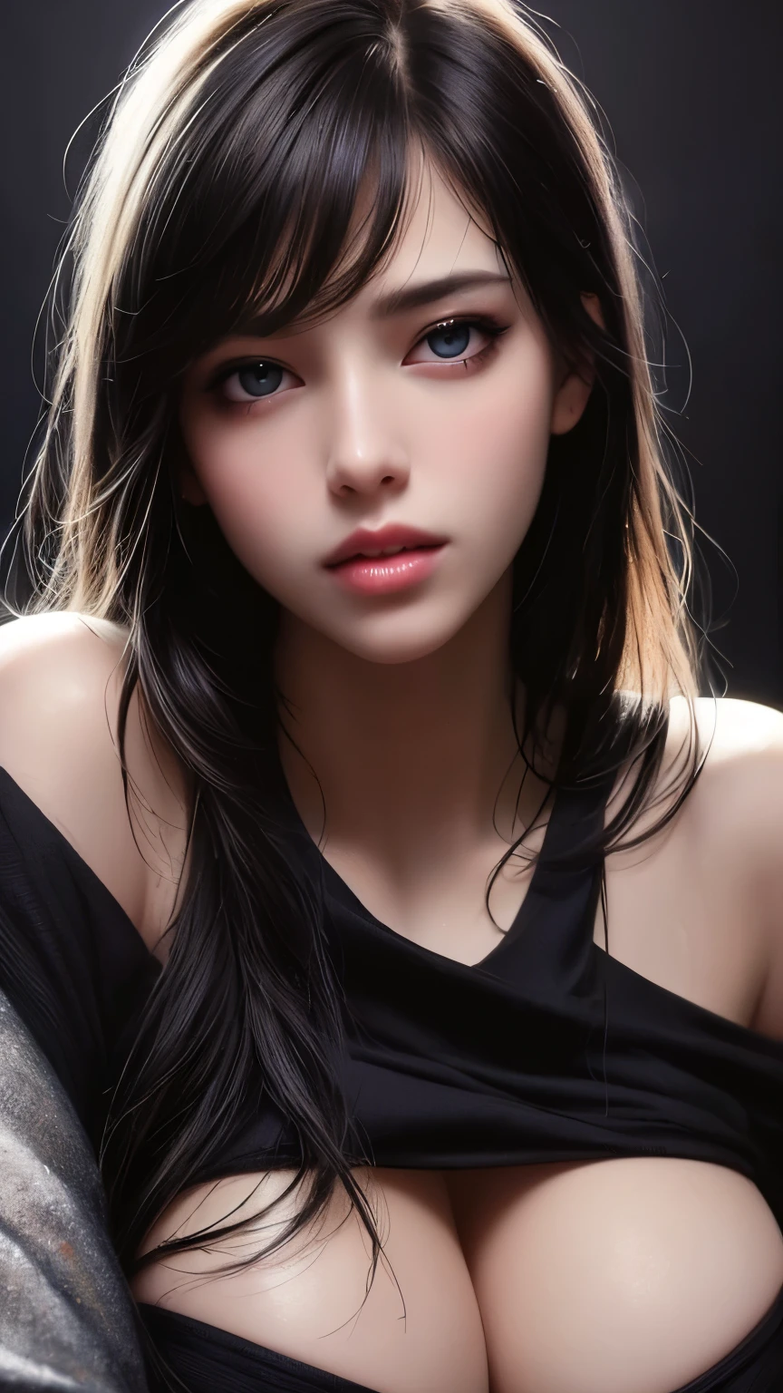 ((Make your subject look three-dimensional with the contrast of light and shadow)), Realism, Realistic, (Ultra details realistic velvety clean and smooth skin, ultra quality), ((best high quality realistic texture hair)), Photorealistic ((portrait)) a cute 1model:1.4 24yo, (close up of her face:1.1), dslr, best high quality soft lighting, sharp focus captured by Fujifilm XT3, f 5.6, in a dramatic lighting, (beautiful slim and sharp face), ((Hyper absurd details of realistic perfectly round brown_eyes:1.3 in hyper absurd quality and resolution)), (light pale complexion), ((Hyper-realistic sharp eyes, clear absurd quality, not blurry)), ((finely detailed pupils:1.4)), (Perfekt makeup:1.35), ((Hyper details symmetrical lips:1.3)), ((V-line jaw)), (light glossy red_lipstick:1.35), ((Ultra detailed realistic long_blue_eyelashes:1.25), Ultra absurd quality), ((perfect dark_eyeshadows:1.45)), (super Detailed, beautiful little nose:1.2), (perfect composition), ((pale skin:1.28)), ((dry skin)), ((she wears Tube top outfits, Simple ((black tops, Black tube top outfit), extremely detailed details)), the latest fashion trend of this summer),
