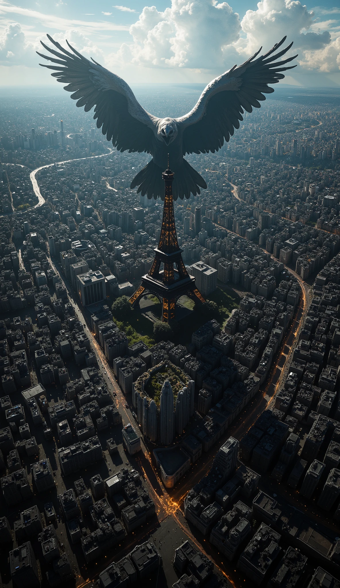 (Bird's-eye view from 16,000ft above sea level: 1.5), highly detailed, dynamic, cinematic, stunning, realistic lighting and shadows, vivid, vibrant, octane rendering, Unreal Engine, highly detailed, concept art, realistic, cry engine, (dramatic, grainy, intense: 1.4), highest quality, 32k uhd, incredibly detailed, intricately detailed, ultra detailed, ultra high quality, high detail, ultra detailed, masterpiece, The location is Paris,(The center is the Eiffel Tower, which looks extremely small:1.4), It's a clear day with a beautiful view of cumulonimbus clouds in the distance, (The shadow of an enormous bird covers the entire city:1.4), (The bird is not on the screen:1.4), 