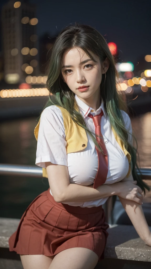 (1 lady), (Best quality at best:1.4), (ultra - detailed), (extremely detailed CG unified 16k), A Beautiful Woman with Perfect Figure: 1.4, Sharp Focus: 1.2, very detailed, High-definition RAW color photo, professional photoshooting, amazing face and eyes, cosmetics, (amazingly beautiful girl), ((Sonozaki Shion)), ((yellow ribbon, white shirt, blue necktie, blue skirt, black kneehighs)), standing, sexyposture，(Stylish urban landscape, day light), (look from down), realistic cinematic face, head to feet long wide zoomed out view, full body long view, photorealistic, ((realistic natural green hair style, green eyes, long hair)), gorgeous, extremely beautiful face, perfect model beauty, pout mouth, Highly Detailed Face and Skin Texture, Detailed Eyes, Double Eyelids, Big Breasts, Smile, cleavages, western, (masterpiece), best quality, high resolution, extremely detailed, detailed background, depth of field, cinematic lighting, amazing legs, clear and well-cared skin, (((woman occupies most of the picture)))