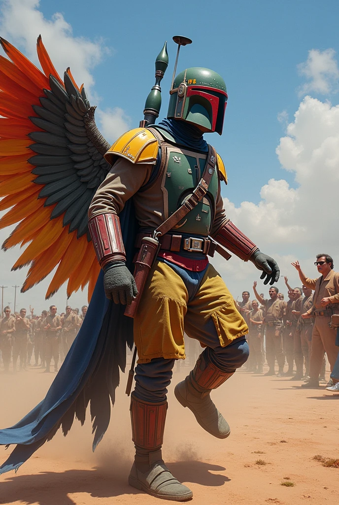 A realistic depiction of Django Fett participating in a Birdman Contest, wearing an elaborate bird costume, showcasing vibrant colors and intricate details. The scene captures the excitement of the competition with a crowd cheering in the background, and a clear blue sky overhead. The costume resembles a combination of bird feathers and futuristic elements, highlighting Django's character.