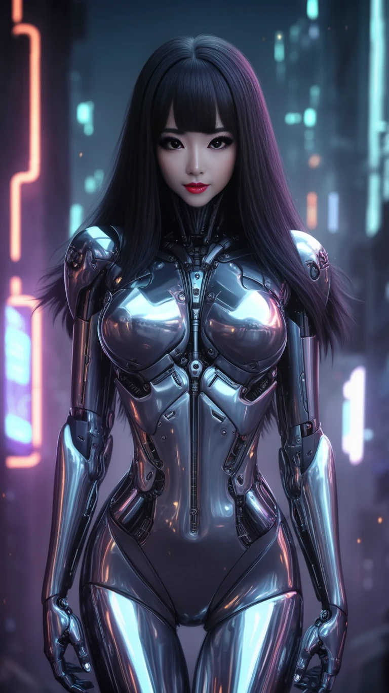 CG 8k hyper realistic detailed cyberpunk style, detailed perfect face, thin curved eyebrows, long luscious eyelashes, black eyeliner, black eye shadow, curved lips, perfect beautiful face, perfect makeup,long luscious wavy hair, perfect body, big curved breast, holographic armor, mecha cyborg arms, mecha cyborg legs, full body portrait,