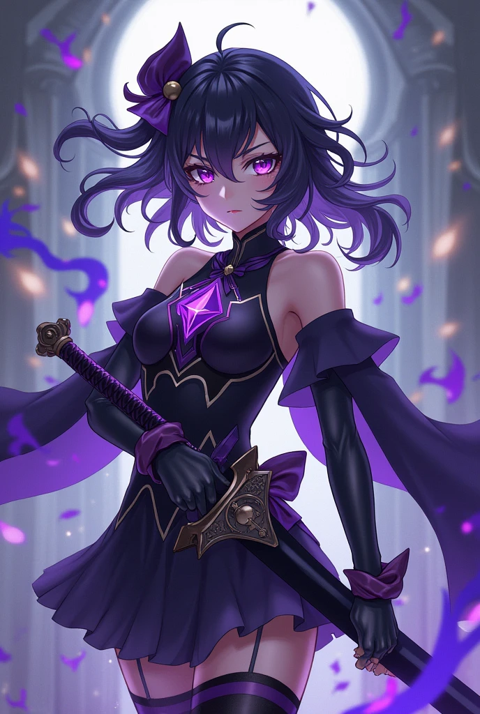 Vampire Queen Combat Dress (Radiant Royal Cloak: 1.2) Black and Purple Color, (extremely delicate beautiful eyes and depression but arrogant eyes), (multicolor, ponytail, iridescent hair, colorful hair, half purple and half pink hair: 1.3), (magical, mythic,fantasy), (Super Model Body Shape, idol, seducing body, attractive, gorgeous, charming, majesty, Sexy Devil aura), Original Character, Masterpiece, Tempting Purple Eyes, Purple Gemstone Accessories, Gold Belt, Gold Necklace, Wind Evil and body floating effect, Soft Moonlight, unique crown, (Corruption Tattoo on 1;1.25), (holding a Giant Scythe 1:1.3), 16k wallpaper style,bare shoulders, cute, petite, solo, stars, stardust, shiny body detailed, killing scenario, legend, horny blush, pink lips, cinematic lighting, full body close-up, scale up, twilight, dark magic, dark element, villain, battle mage, blindfold, solo leveling art style, perfect shade, shadow warrior, glowing armor