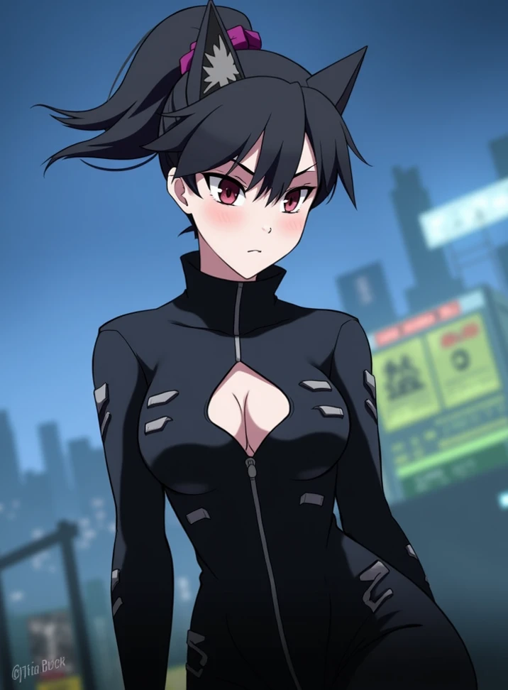 1GIRL,JUDGENORMAL,YELLOW EYES,SANGVIS FERRI,HIGHLEG PANTIES,BLACK HAIR,HEADGEAR,BARE SHOULDERS,BLACK SHORT SHORTS,HAIR BETWEEN EYES,SHOULDER ARMOR,THIGH BOOTS,ARMBAND, 1girl, solo, upper body, facing viewer, looking at viewer, smile.