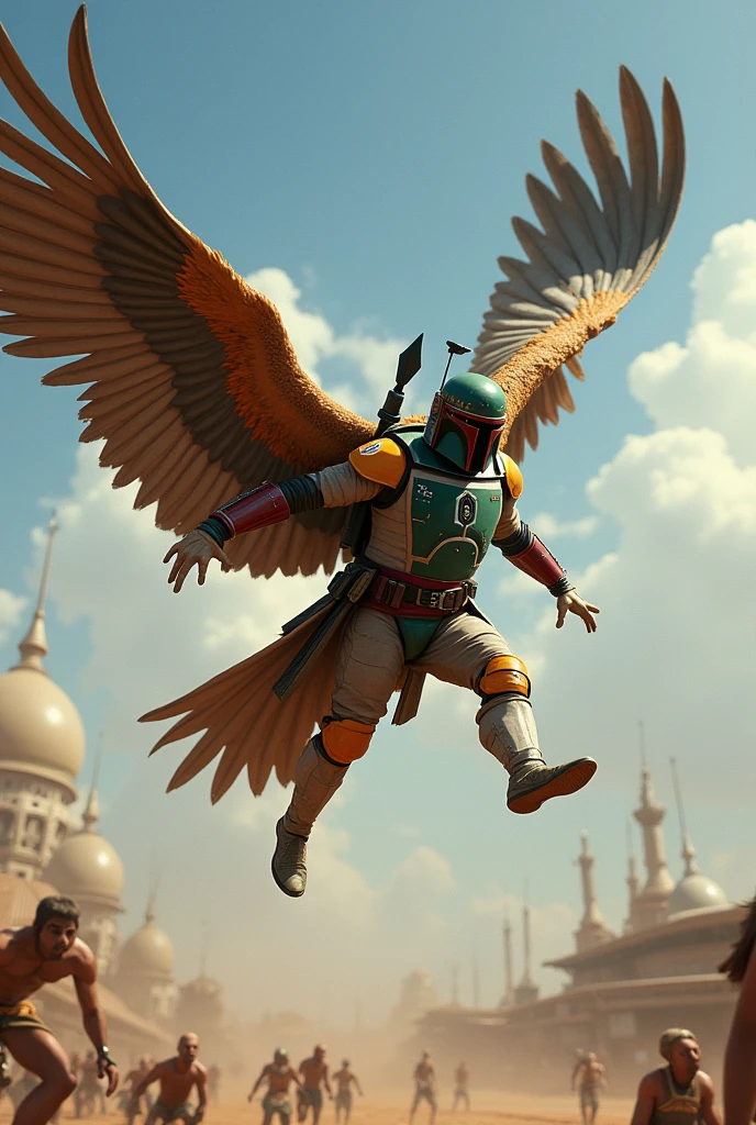 A scene from the Birdman Contest featuring Django Fett in a bird costume, soaring through the sky, realistic style, dynamic pose, vibrant colors, detailed feathers, excitement in the atmosphere, competition setting