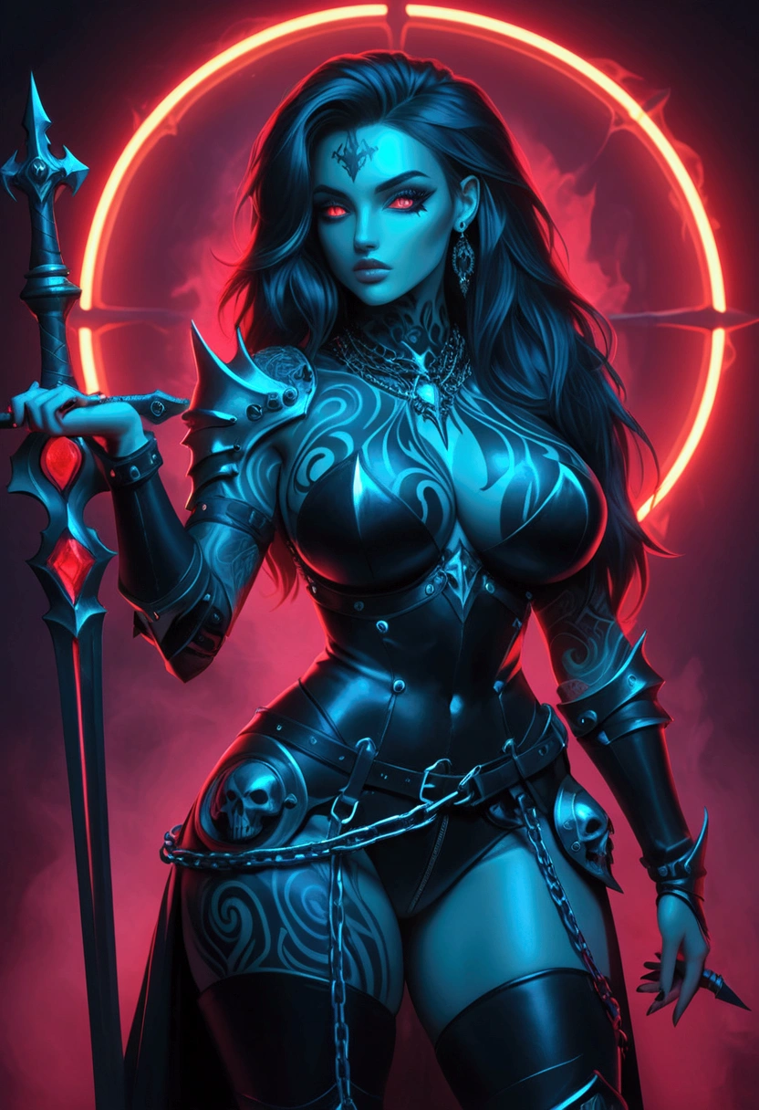 Create a hyper detailed photograph of a tattoos young sexy female berserker deathknight, Stunningly perfect gorgeous soft feminine face, perfect makeup, detailed vibrant Florent neon eyes, long hair, high detailed beautiful legs, high detailed beautiful arms, perfect sexy hour glass body figure, detailed smooth skin, gigantic breast, large round ass, sexy seductive transparent deathknight armor, chains Jewelry,
