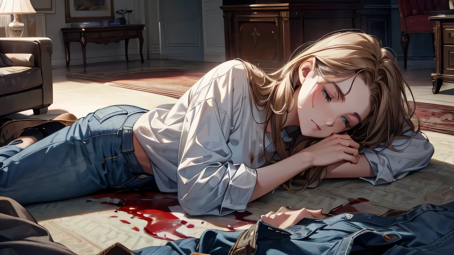 Dead woman on her living room floor. Dressed in blue jeans. White shirt. Loose light brown hair. Lying face down, covered in a lot of blood and her clothes are torn and stained with blood.