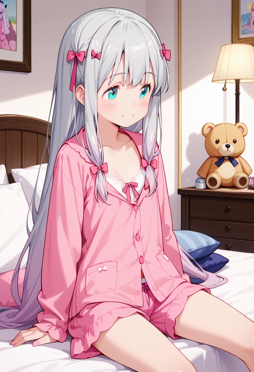  best quality, high resolution, 8k, solo, blush, small breasts, (Sagiri Izumi, long hair, blue eyes, ribbon, hair ribbon, gray hair, pink ribbon, ribbon, shorts, pink shirt, pajamas, pink shorts), smile, room, pink curtain, bed, stuffed toy, undressing, half undress, ((looking away:1.5)), (white bra), (white panties), sitting on bed