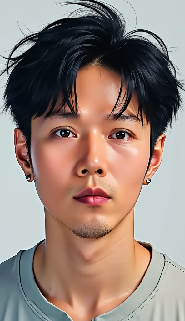 Homme 20 ans origines américaine coréen, yeux bleu azure, traits du visage doux, yeux perçant, cheveux noir crinière sauvage, jojo, high detail, detail eyes, hyper realistic, (photorealism:1.2), illustration style,