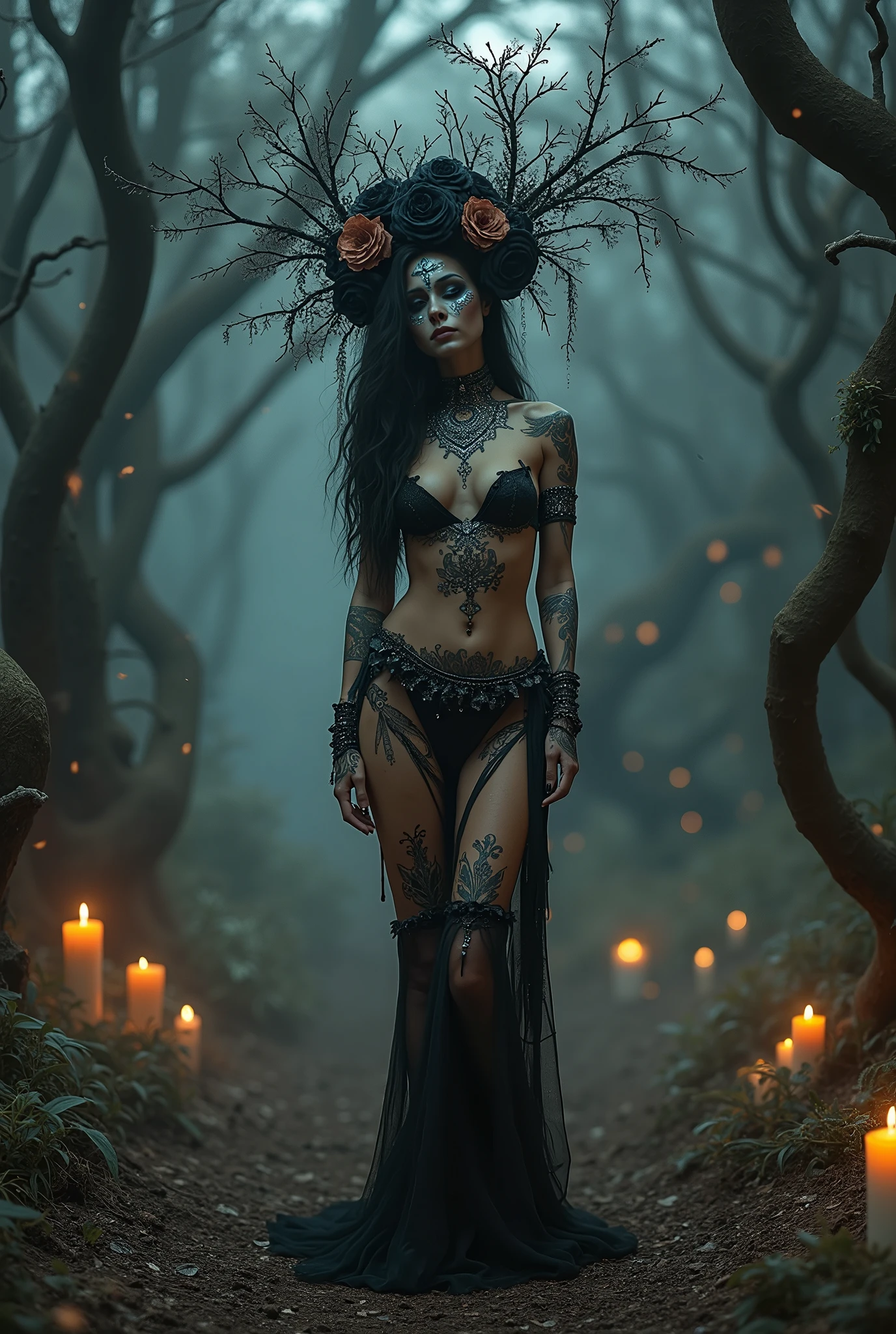 realistic photo of abandoned bloody land by night, full body portrait of beautiful nude asian slim girl with very black skin ((asian young slim woman with black skin)), nude bombshell asian female necro with headdress ((without clothes, dark skin)), ultra-detailed, dark art, horror swamp, fog, mist, illumination spots, atmospheric darkredblood and darkgreen sepia lighting, Miniature Skulls Decoration, foggy day, epic, realistic photography, 8k resolution high definition, dynamic lighting hyper detailed intricately detailed art, triadic colors Unreal Engine 5 volumetric lighting, hyperrealistic, hair pin, glamorus model, temptress, sharp focus bokeh, studio photo, intricate details, highly detailed, raytracing, subsurface scattering, ((muted colors)), diffused soft lighting, shallow depth of field, photographed on a Canon EOS R5, 28mm lens, F/2.8