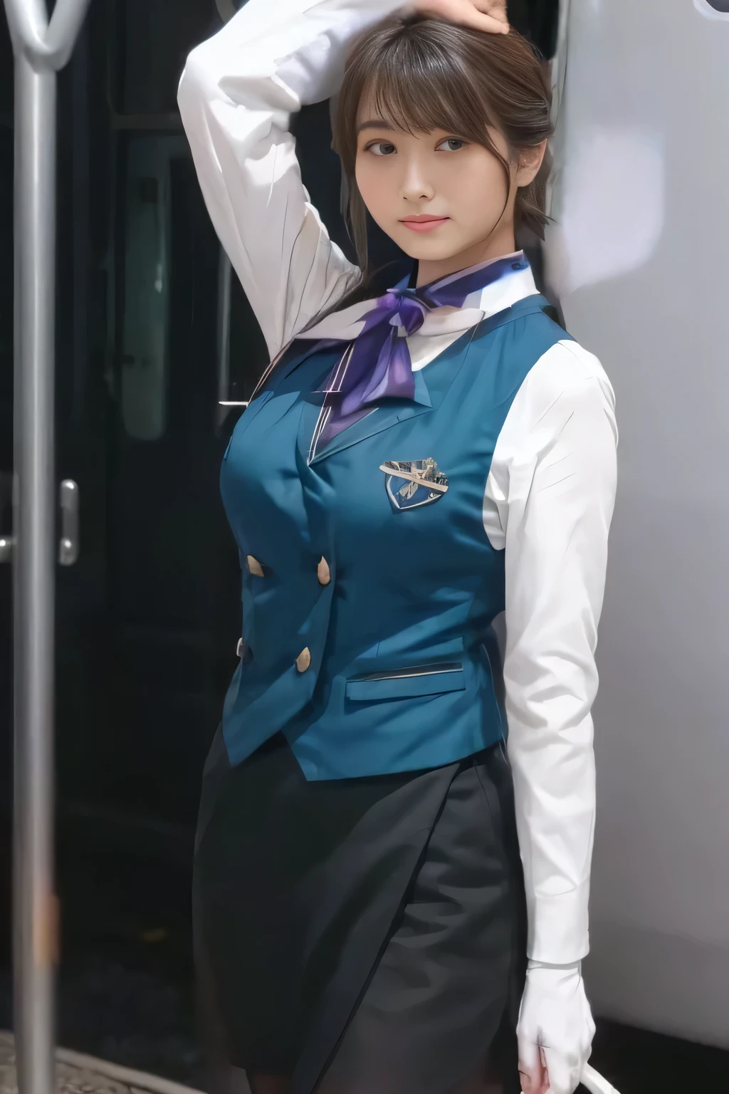 (  Masterpiece :1.2,   best quality:1.2), 32kHDR,   kampala, (Alone、   1 girl)、（what 、  Professional Writing ）、In-flight background、（Nankai Train crew uniformを着たリアルなスタイル）、（（Nankai Train crew uniformのグリーンのベスト））、（（ Nankai Train Crew Uniform Collarless White Long Sleeve Blouse）） 、（（Nankai Train Crew Uniform Culotte Skirt  、Scarf around the neck））、   lots of dark brown hair  、（  long hair、Hair tied up、Hair tied up）、   lots of dark brown hair  、 Long Hit 、Big Breasts、Thin legs、（（ amazing hands：2.0）），（（  Harmonious physique  ：1.5）），（（Normal limbs：2.0）），（（Usually ：2.0）），（（  delicate eyes ：2.0）），（（Normal eyes：2.0））)、smile、（Nankai Train crew uniformを着た美しい姿）、Hands crossed underneath 