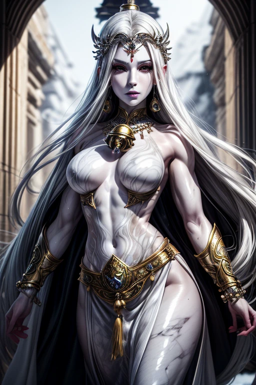 ((Shiny white marble skin)), pure white, tribal tattoos, shiny snow white hair, ((detailed face)), black veins, silver jewelry, white plate armor, silk details, white silk, silk dress, medium shot, strong arms, musculature, shiny white eyes, shiny marble skin, large body, cracked skin, carrying a large bell, ((bell)), action pose, jumping.