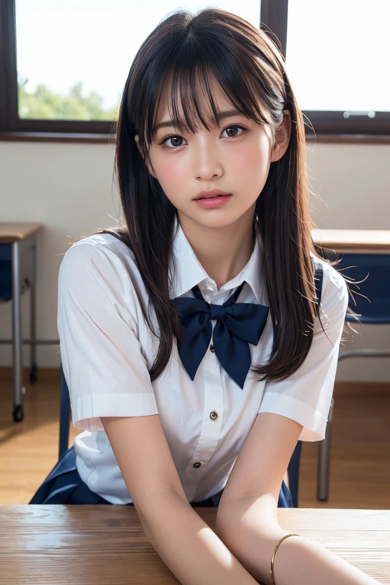 table top, highest quality, 8K, 15 year old naked girl, small breasts、((Big eyes))、RAW photo, absurd, award-winning portraits, smile, alone, daytime, idol face, delicate girl, Upper body, Digital single-lens reflex camera, looking at the viewer, Frank, Sophisticated, thin arms, soft rays of light、professional lighting, chromatic aberration, (Eye and face details:1.0), ((NSFW:1.7、realistic))、1 girl, ((female student uniform)), look at the audience, young face、Satisfied look, (( open your legs、open your legs、Main crotch)),show your chest、classroom、Breasts out、small breasts