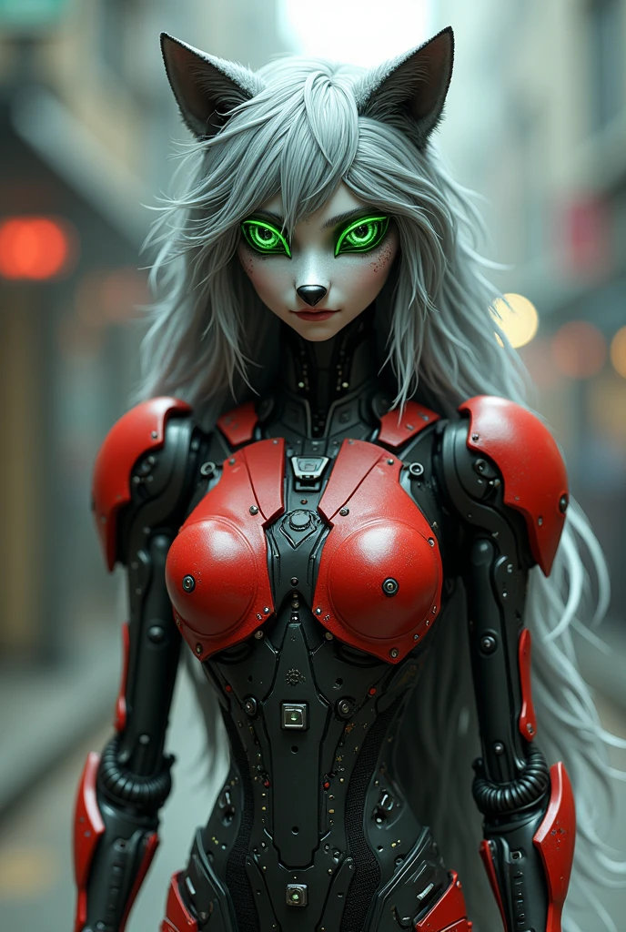 Horror-themed Tilt-shift photo,cyborg upper body, exquisitely detailed skin of evil AI, redemption, powerful and anthropomorphic concept of The woman has attributes such as terminator, cyborg, robot, fur, fangs, ears, tail, and possibly wolf eyes.(hands on chest:1.4) (Hands bra:1.3), ( wearing old leathercoat red thong), nipples covered by hands,plated armor with runes, (cop cap:1.6) and (sunglasse:1.6) on head, Facial Features: cyborg, robotic eyes, circuit, human face, Human Facial Structure: The face maintains a human-like structure with a forehead, cheeks, and chin. a female black wolf furry, slutty, solo, skinny, bloom, bedroom Facial Features: Human Facial Structure: The face maintains a human-like structure with a forehead, cheeks, and chin. she have robot red reptil eyes and digital cadran on chest. Hair and Fur: Human Hair: Hair might be present on the head, similar to a human. fur could cover parts of her body, resembling the coloration and patterning of a tiger's coat. Skin: Human-like Skin: Skin on areas not covered by fur would resemble human skin in texture and color. , looking at viewer . . Selective focus, miniature effect, blurred background, highly detailed, vibrant, perspective control . Eerie, unsettling, dark, spooky, suspenseful, grim, highly detailed, detailed, realistic, 8k uhd, high quality
