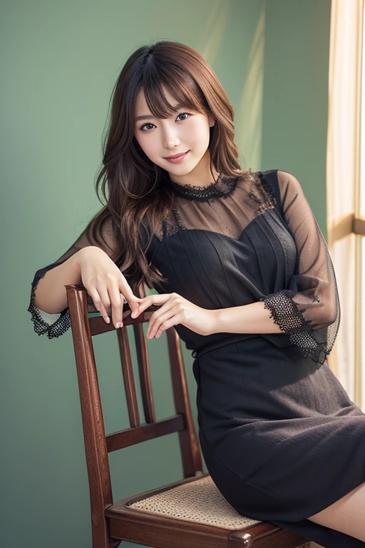 Japanese model woman sitting on a chair in a black dress,   Japanese female fashion model  ,  gorgeous young Japanese woman,   beautiful Japanese woman ,  looking at the camera、Detailed and beautiful eyes、 cute smile、Soft and gentle relaxed expression 