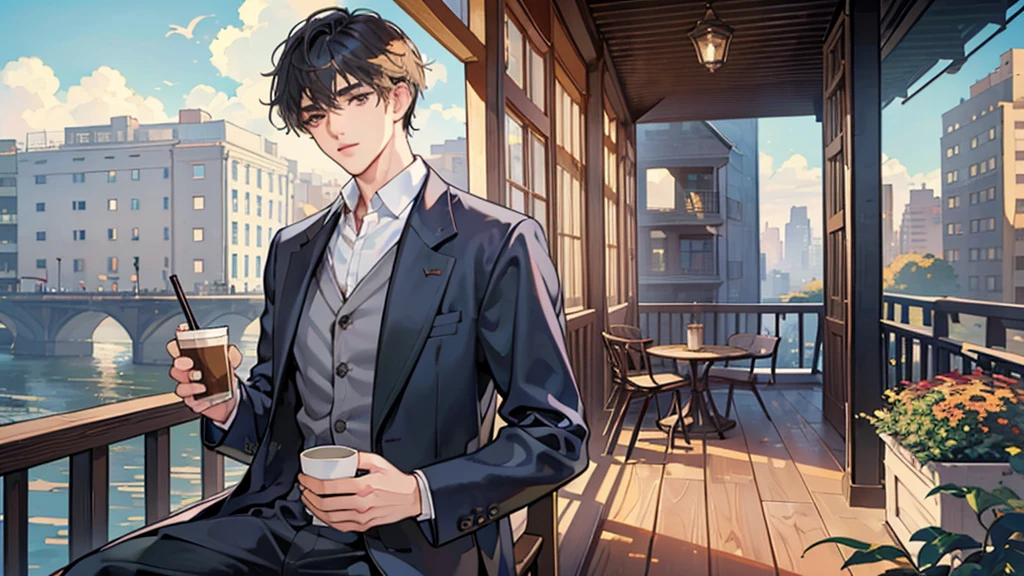 A handsome boy, sitting on a luxury sofa in the office, behind a floor-to-ceiling window, smiling, looking straight ahead, wearing a black suit and shirt, holding red wine in his hand