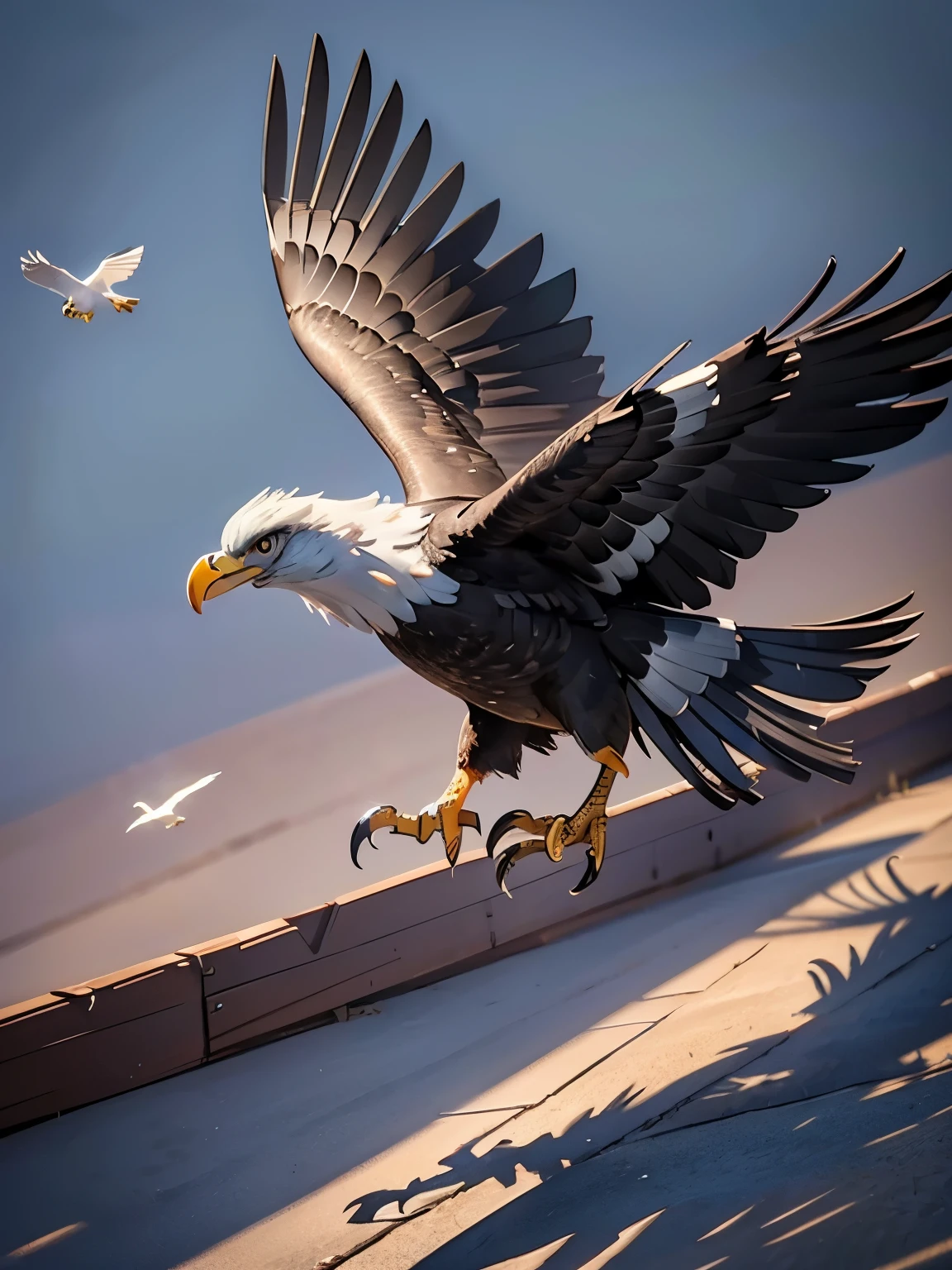 A bird in flight, detailed feathers, dynamic wings, cinematic lighting, dramatic shadows, vibrant colors, highly detailed, photorealistic, masterpiece, 8k, best quality, ultra-detailed, vivid colors, professional, ((Flying bird shadow)), Flying Mechanical Bald eagle, ((Shadow Expression)), Mechanical, Shadows in the Eyes