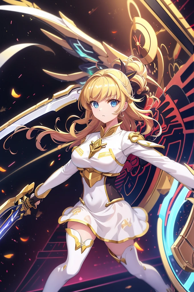 Rin々Funny face、mecha wing、Golden Wings、Thighs、tights、chest、 shiny blond hair、 1 girl、 solo girl 、 headset 、mecha girl、White clothes、Golden mini skirt、 has a sword、sword、 has a shield、shield、priestess