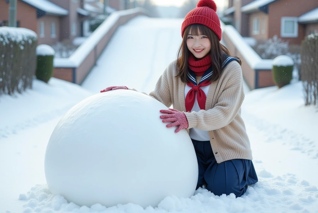  best quality, (High quality 8k,  Masterpiece:1.21),  beautiful Japanese woman , Laughing woman, Front View,  Breathtakingly Beautiful Photos , Surreal and ridiculous quality ,  rolling a giant life-size snowball,  brown hair, 細身の体:1.331,  anatomically correct proportions :1.331,  has a small head:1.331,  Famous Tokyo Metropolitan High School Sailor Suit :1.21, Long-sleeved Clothes , Navy Blue Long Sleeve Sailor Uniform :1.21,  will be Fuku:1.21,  Navy Blue Pleated Skirt,  cardigan,  muffler , Red knitted hat, cute woolen gloves,  Long Hair:1.21, Brown Hair,  let your bangs hang long :1.21, Snowflakes falling :1.7,  Snowy Residential Area , Slope,  extremely warm lighting, Perfect composition , Proper placement, Golden Ratio,