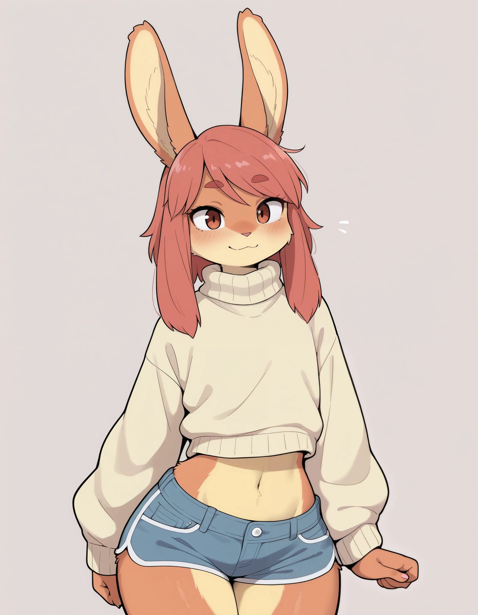 solo, Dagashi_(Daga2626), 1girl, furry female, furry, 1girl,, Very detailed illustration, (Anthropomorphic furry rabbit boy:1,7) , tousled voluminous hair, Playful look, Slim, ideal body, thin waist, wide hips, Simple drawing, Artifyber style, pastel flat colors, Cute, cartoon, sweater, short shorts